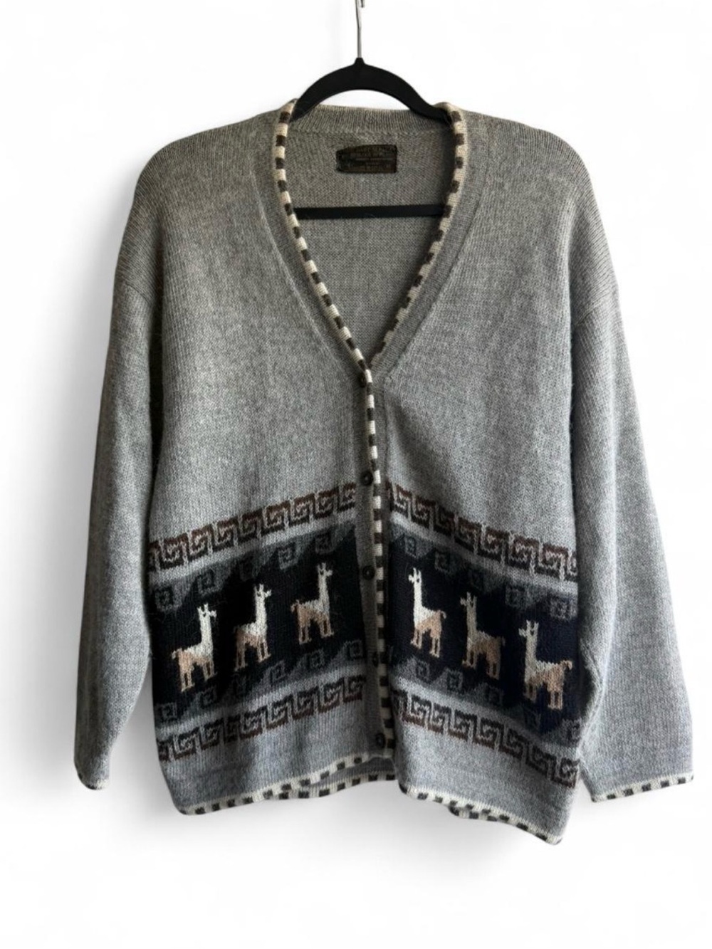 Gray 100% Baby Alpaca Cardigan with Llama Motif